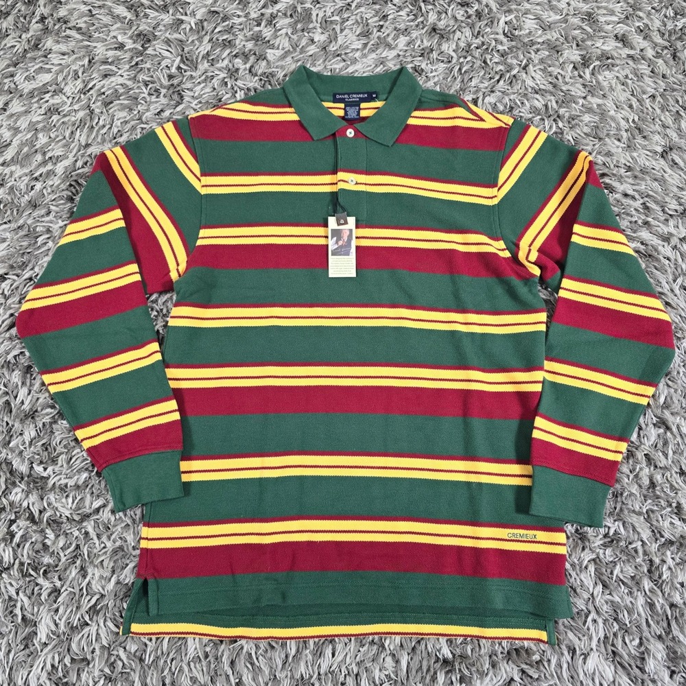 Daniel Cremieux Classics Mens M Long Sleeve Rugby Polo Shirt Green Red Striped